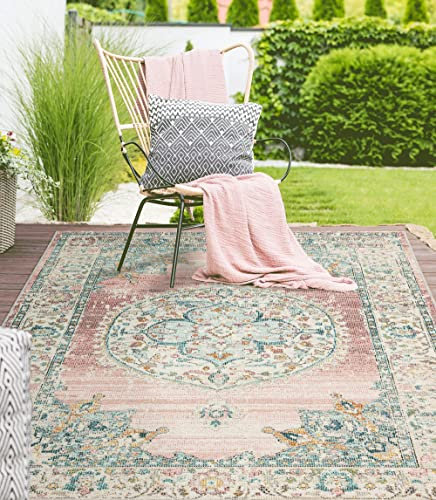 the carpet Palma Indoor & Outdoor Rug, Flat Weave, Robust, Modern Design, Vintage Look, Used Look, Super Flat, UV and Weather Resistant, Orient Pattern, Pink, 140 x 200 cm
