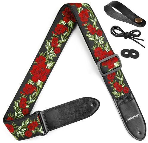 Amumu Gitarrengurt, Baumwoll-Gitarrengurt mit Rosenstickerei und Enden aus echtem Leder für Bass-, Elektro- und Akustikgitarren, mit Kopfplattenknopf und Gurtblöcken
