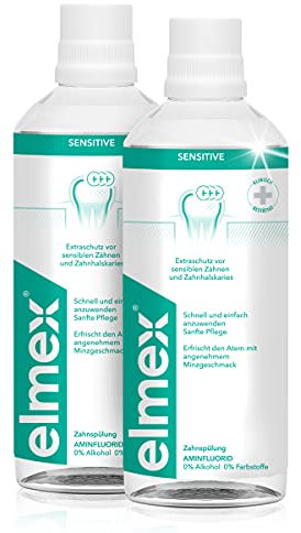 elmex Mundspülung Sensitive 2x400 ml – Mundspülung für Extraschutz vor schmerzempfindlichen Zähnen und Zahnhalskaries – für die tägliche Zahnreinigung ohne Alkohol mit Minzgeschmack
