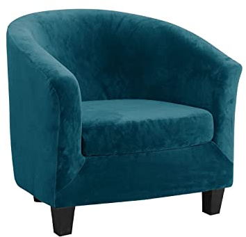 qiden Sesselhusse Cocktailsessel Bezug Samt, Elastisch Sessel überzug 2 Stück (mit Kissenhülle), Sesselbezug mit Armlehnen für Wohnräume, Büros, Hotelempfänge-Tiefes Wasser blau