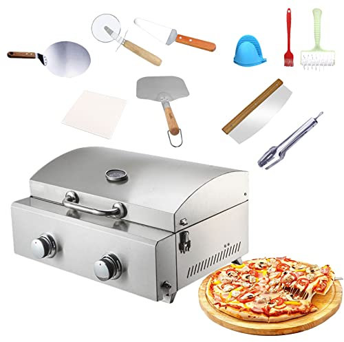 0℃ Outdoor Four à Pizza D'extérieur à Gaz avec Régulateur de Gaz, Four à Pizza Extérieur au Charbon de Bois Pellets, Pierre à Pizza et Pelle à Pizza de 580x425x317mm avec Poignée en Bois
