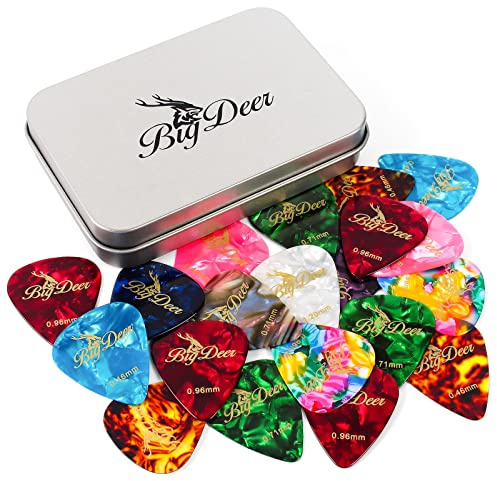 BigDeer 50 pack Celluloid Guitar Picks ，includes Thin,Medium, Heavy & Extra Heavy Picks Plectrums for Acoustic Guitar,Ukulele,Bass ，with 6 Guitar Selection Grips Silicone pad Wrapped in tin box