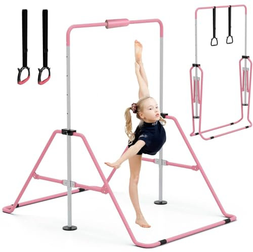 GYMMAGE Gymnastics Bars with Pad, Junior Training Kip Bar Gymnastics Equipment for Home Garden, Adjustable Height Gymnastic Folding Horizontal Bar with Gymnastic Rings for Kid Boys Girls