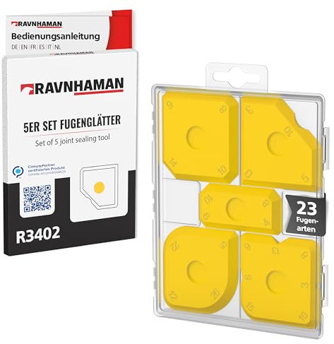 RAVN HAMAN 5er Set Fugenglätter Gelb - Fugenwerkzeug mit 23 verschiedenen Formen - Fugen-Spachtel zum Verfugen z.B. mit Silikon & Acryl - Fugenabzieher inkl. Aufbewahrungsbox