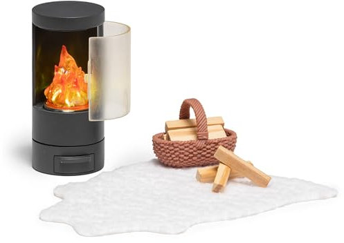 Lundby Puppenhaus - Miniatur Kamin Puppenmöbel mit LED Beleuchtung - Einrichtung Puppenhaus Möbel Set - Wohnzimmer - Zubehör - 11cm Puppen 1:18