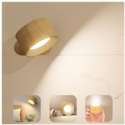 Lampada da parete a LED, Applique da parete Controllo touch 3 temperature colore, 3 luminosità Batteria ricaricabile Faretti da parete Ruotare di 360° magnetica Lampada 1 Pack (venatura del legno)