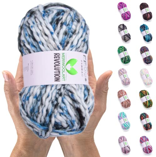 MeriWoolArt Merino Wolle zum Stricken – 75 m Mehrfarbige Dicke Weiche Merinowolle zum Stricken für Pullover Jacken – XXL Handstrickwolle – Voluminöse DIY Wolle für Schals Decken Tücher Geschenke