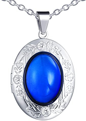 Yumilok Collier Médaillon pour Femme Fille, Collier Sautoirs en Acier inoxydable et Alliage, Collier vintage ovale, La couleur du Pendentif change avec la température, Bijoux fantaisie