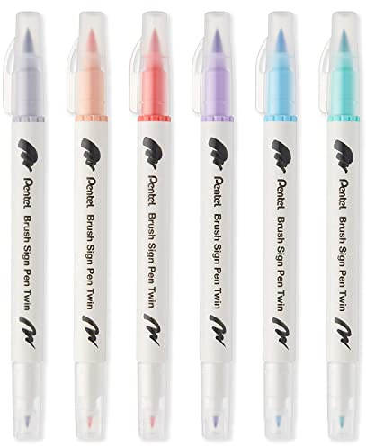 Pentel SESW30C Pinselschreiber mit zwei Faserspitzen, doppelseitig, Tinte auf Wasserbasis, Pastellfarben, 6 Stück, silbergrau, hellorange, korallenrosa, heliotrop, babyblau und smaragdgrün