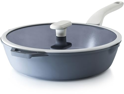 PRICUSIS Ceramic Nonstick Deep Saute Pan with Lid, 10/12 Inch Non Toxic Pans with Double Pour Spout, Helper Handle and Lid, Metal Utennsil Safe, Dishwasher Safe, (12 Inch, Gray)