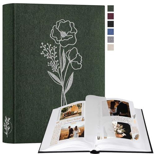 Lanpn Fotoalbum zum Selbstgestalten und Einkleben, Kleines Leinen Fotobuch 60 weißen Seiten mit Pergamin Trennblätter Fasst 9x13cm 10x15cm 13x18cm Fotos (Grün, 19x27 cm)
