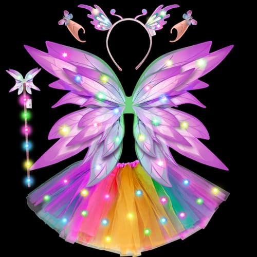 Tacobear Luminosa Alas de Hada Disfraz Hada Niña con LED Tutu Falda Tul Diadema Varita Mágica Orejas de Elfo Alas de Mariposa Disfraz Carnaval Halloween Navidad Cosplay Regalo (Colores)