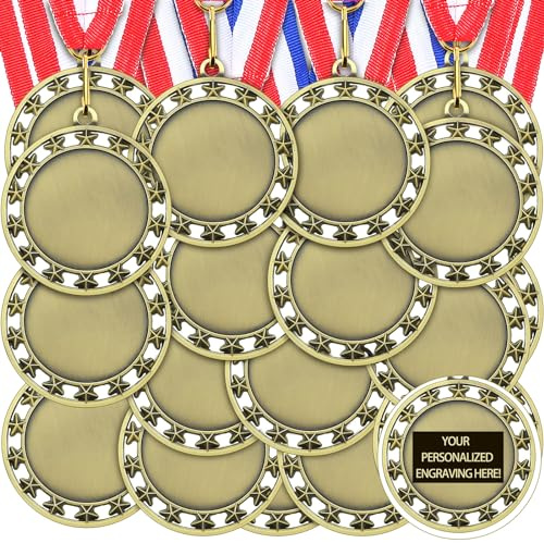Junkin 24 Pcs Blank Award Medals with Neck Ribbons Winner Participation Medal Awards Make Your Own Kit 1st Place Cheer Participation Trophy Metal Prize Gift(Gold,Stylish)