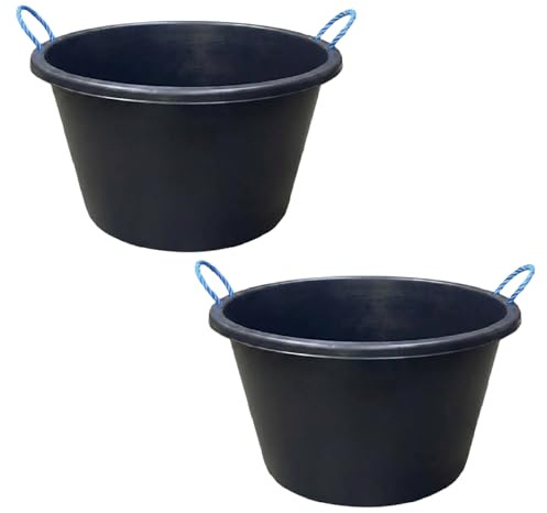 M1SS (Set of 2)- XL Multipurpose Tub Bucket 70L Capacity Black Heavy Duty Plasterer Mixing Cement Muck Water TUB/Bucket Storage Bucket with Rope Handles suitable for carrying heavy loads
