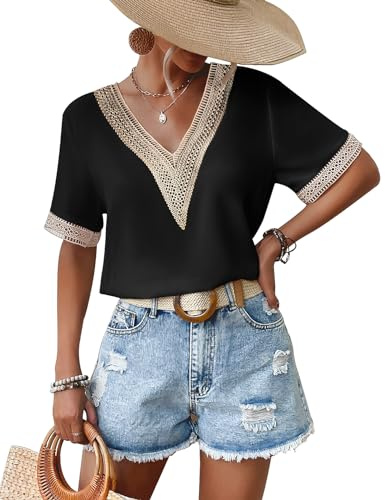 CMTOP Camicia Donna Camicetta Manica Corta con Bordi in Pizzo Maglietta con Scollo a V Elegante Blusa Donna Estiva Casual Top Estivi Colore Puro Bluse Shirt(Nero, L)