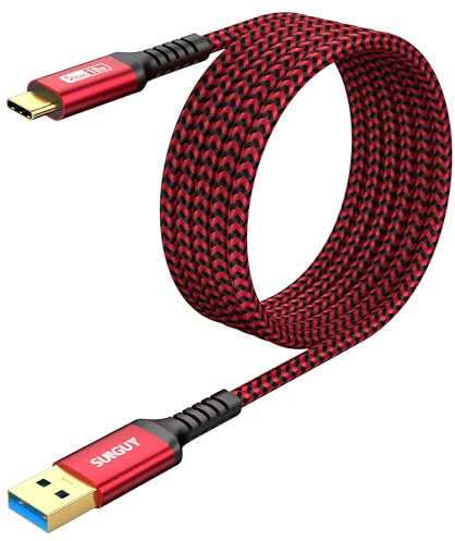 SUNGUY USB C Kabel, USB-C auf USB 10Gbps Typ C Kabel und Nylon geflochtenes Datenkabel Typ-C kompatibel mit iPhone 17/16/15 Pro Max, Galaxy S25 S24 S23, Android Auto - 3m, Rot, 1Packung