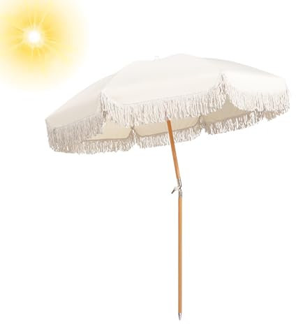 180cm Gartenschirm Groß Uv Schutz Sonnenschirm Tragbarer Mit Quasten Strandschirm Windfest Stabil Balkonschirm Neigbar Mit Tragetasche Für Garten Strand Outdoor/8 Rippen ( Color : White , Size : 180cm