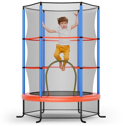 GOPLUS Trampoline Exterieur Enfant Ø165cm, Cadre en Acier, Trampoline pour Enfants avec Filet de Sécurité Hauteur 150cm, Charge Dynamique 45KG et Statique 136KG, pour Enfants 3+ Ans, Bleu