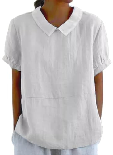 shownicer Chemise Coton Et Lin pour Femmes Chemisier Col Rond Manche Courte Tops Grande Tailles Couleur Unie LâChe Respirant T-Shirts Tunique Blouse Hauts A Blanc 3XL