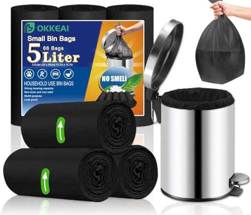 OKKEAI Müllbeutel 5L Schwarz Für Bad Und Toilette, 66 Stück | Kleine Müllbeutel, Auslaufsicher, Reißfest, Geruchsneutral, Ideal Für Die Tägliche Abfallentsorgung