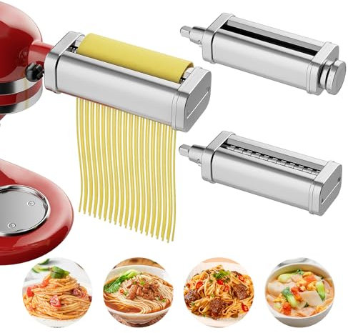 Pasta Maker Attachment for KitchenAid Stand Mixers, Including Pasta Sheet Roller, Spaghetti Cutter and Fettuccine Cutter, 3-Piece Stainless Steel Kitchen Pasta Maker Aid by KERUYUNLA