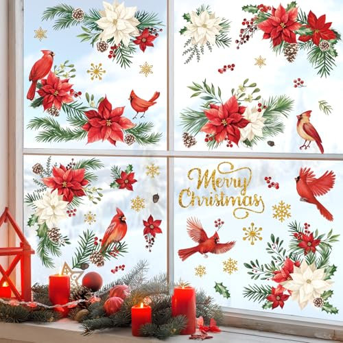 wondever Christmas Flower Cardinal Birds Window Clings Christmas Leaves and Floral Glass Sticker Decal Anti Collision Double-Side Static Window Decals for Glass Window Christmas Party