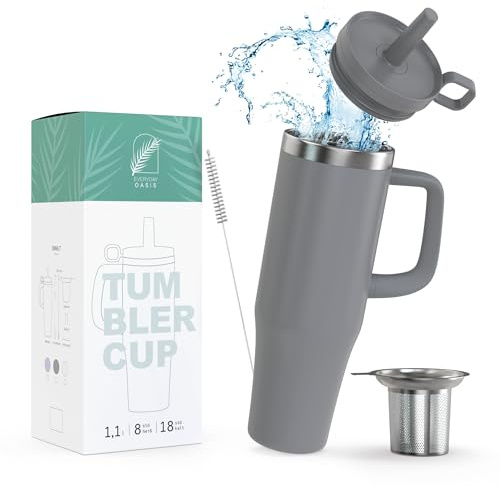 Everyday Oasis® Tumbler Cup | Extra großer Thermobecher mit Strohhalm und Teesieb I Auslaufsicherer Isolierbecher | 1180 ml | Kaffee- und Teebecher to go | Steel Grey Colorway