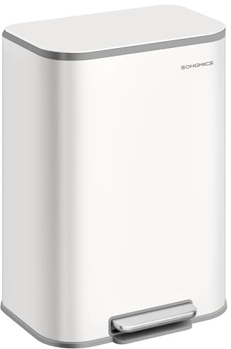 SONGMICS Kitchen Bin, 50 L Steel Trash Bin, Soft-Close Lid | Stays Open, Inner Bucket, Wide Non-Slip Pedal, Cloud White, LTB547W01