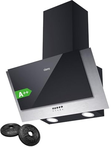 Ciarra Hotte Aspirante Inclinée 60cm, Classe Énergétique A++, Puissance d'Extraction 350m³/h, 3 Vitesses, Filtres à Charbon Inclus, Évacuation ou Recyclage, Design Murale Moderne, Noire