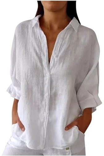Chemise Femme D'éTé Haut Chic Et ÉLéGant Coton Lin T-Shirt Manche Longue Col en V Chemisier Tops avec Boutons DéContractéS Ample Blouse Lâche Respirant Chemisiers et Blouses Grande Taille Soldes