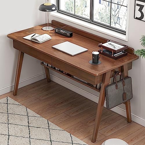 Bureau moderne avec 2 tiroirs et étagères, table PC, station de travail pour petits espaces, finition noyer (100 x 55 x 82 cm)