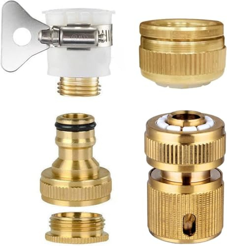 Juego de 4 conectores de manguera de latón de 1/2 pulgadas y conector de grifo de 1/2 pulgadas o 3/4 pulgadas, conector de grifo 2 en 1 y conector de manguera bidireccional y adaptador universal para