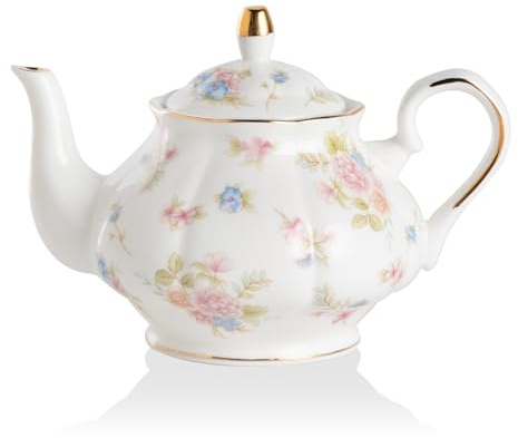 Sweejar Home Porzellan-Teekanne, Vintage-Blumenmuster, Goldrand, Keramik-Teekanne, Blumentee, lose Blätter, Teekanne, Kaffeekanne, Frauen und Teeliebhaber, 850 ml, 3–4 Tassen (kleine Blume)