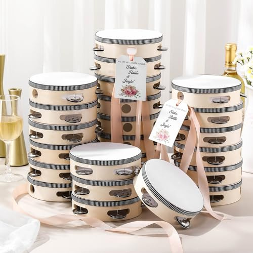 Lukmaa Tamburin für Erwachsene, 15,2 cm, 24 Stück, Holztrommel mit Metallschellen, Geschenkanhänger, beigefarbenes Band, Percussion-Geschenk, Musikinstrument für Kirche, Hochzeit, Party