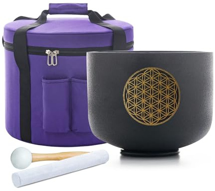 Hye-eun Kristall-Klangschale 528 Hz C Note 20cm Schwarz Quarz Klangschalen mit Blume des Lebens Design, Meditationsschale, Chakra, abgestimmte Klangheilung, mit Tragetasche