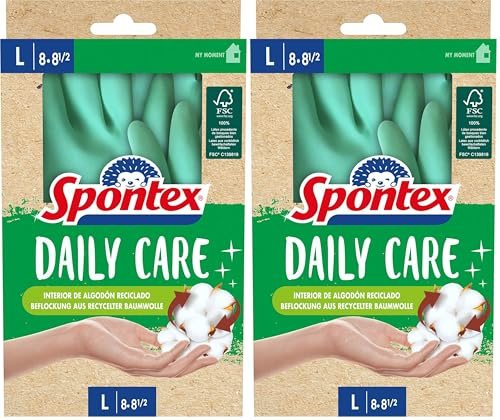 Spontex Daily Care Haushaltshandschuhe aus 100% FSC-zertifiziertem Latex, mit Innenfutter aus recycelter Baumwolle, für alle Putz- und Pflegearbeiten, 1 Paar, Größe L (8-8,5), Mint (Packung mit 2)