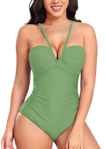 NLAND Bañadores Mujer Cuello en V Trajes de Baño una Pieza para Mujer Correas Espaguetis Push Up Cintura Alta Vientre Plano Sexy Bañador Natacion Monokini,Verde M
