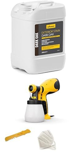 Bundle of WAGNER Exterior Stain Dark Oak + WAGNER Wood&Metal Paint Sprayer W 100 for varnishes and glazes - Interior and Exterior Usage, 5m²-12 min, Container 800 ml, 280 W