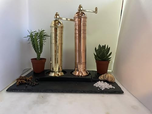 The European Authentic Greek 2-Piece Mixed Brass & Copper set: Gold Brass Pepper Mill Grinder 8 / 8-inch & Copper Salt Mill 9 / 9-inch Elegant- Absolutely Exquisite Luxury Kitchen Gift Shaker