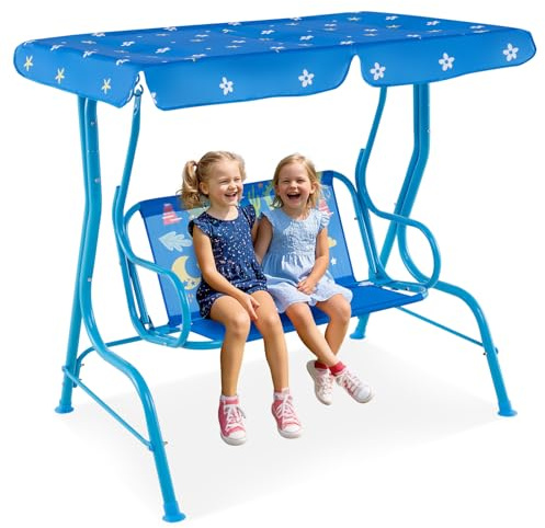 HOMFME Balancelle de Jardin pour Enfant, Balancelle Jardin Extérieure 2 Places avec Auvent Réglable, Ceintures Sécurité & Motifs Mignons, Balançoire Patio avec Support en Métal Charge 80KG (Bleu)