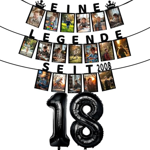 Deko 18. Geburtstag Junge Fotogirlande - EINE LEGENDE SEIT 2008 - Meilensteine Geburtstagsdeko 18 Junge, 18 Glitzerkarten Kann 6-Zoll-Fotos von 1 bis 18 Jahren einfügen Geburtstagsparty Dekoration
