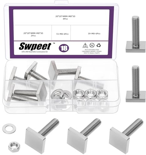 Swpeet 6 Sets 304 Stainless Steel M8×30mm T Slot Bolts Roof Rack T-Nut Kit, 4mm Thick Square T Track Bolt Adapter Slot Nuts, Secure Roof Rack Cross Bar Platform, for Bike Ski Kayak Solar Panel Car