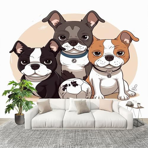 Mural Papel Pintado 3D 250x175cm Dibujos animados Animales Bulldog francés Fútbol Fotomurales Tejido No Tejido Antiarrugas Póster Blanco Murales Fotográfico Moderno Decoración de Paredes