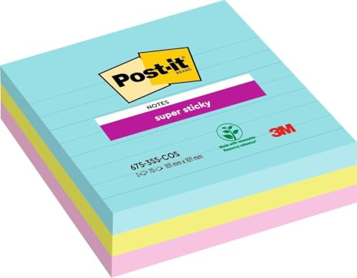 Post-it Super Sticky Große Notes, Liniert, 3 Blöcke,210 Blatt, 101 x 101 mm | Selbsthaftende Notizzettel mit Stärkerer Haftung für Meetings, Listen und Erinnerungen; Haften auf Vertikalen Oberflächen