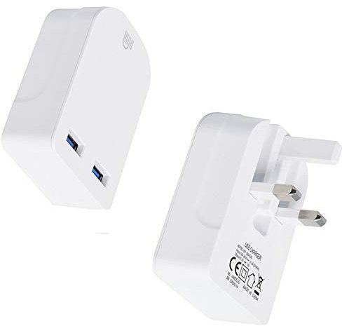 AMO White Foldable Charger High-speed Dual USB wall adapter USB-A Ports Compact Travel Charger Compatible For iiPhone/i Pad/i Pod/Samsung Galaxy Tab/HTC/Tablet etc