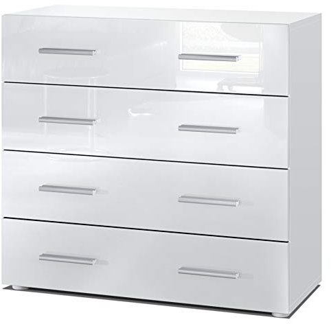 Vladon Buffet Pavos, Commode avec 4 tiroirs, Blanc Mat/Blanc Haute Brillance (76 x 72 x 35 cm)