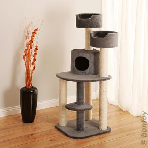 Bontoy Kratzbaum Jerry I Grau I 49,5 x 49,5 x 126 cm I mit 9 cm Sisalstämmen I auch für größere Katzen geeignet