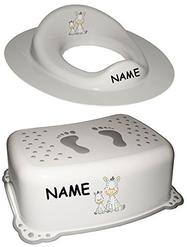 alles-meine.de GmbH 2 TLG. Set: Toilettensitz/Toilettenaufsatz/Sitzverkleinerer & Anti RUTSCH - Trittschemel/Tritthocker/Kindersitz - Zebra - weiß - incl. Namen - Kin..