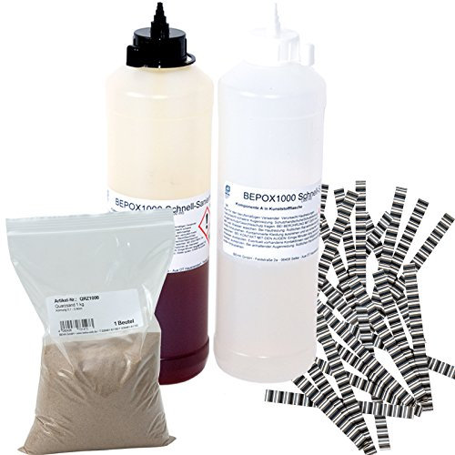Schnellreparaturharz BEPOX1000 + 30 Stk. Estrichklammern, 500g Quarzsand, Gießharz, Sanierharz, Rissharz, 600 ml