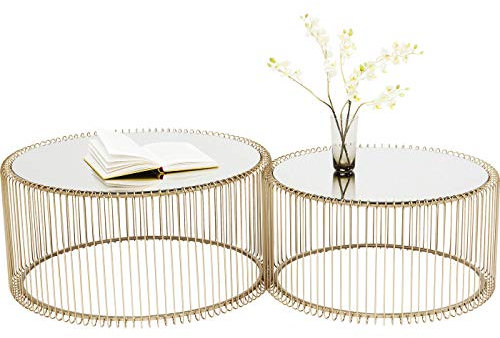 Kare Design Couchtisch Wire (2/Set), Brass, 63/53cm Durchmesser, Beistelltisch, Nachttisch, Stahlgestell, Tischplatte aus Sicherheitsglas, Wohnzimmer, rund, 34x70x70 cm (H/B/T)